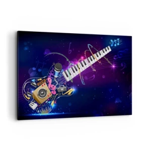 Impression sur toile - Image sur toile - Une guitare colorée avec un clavier et un microphone sur un fond sombre. - 120x80cm - Et tout va bien - Décoration murale moderne pour le salon et la chambre ARTTOR