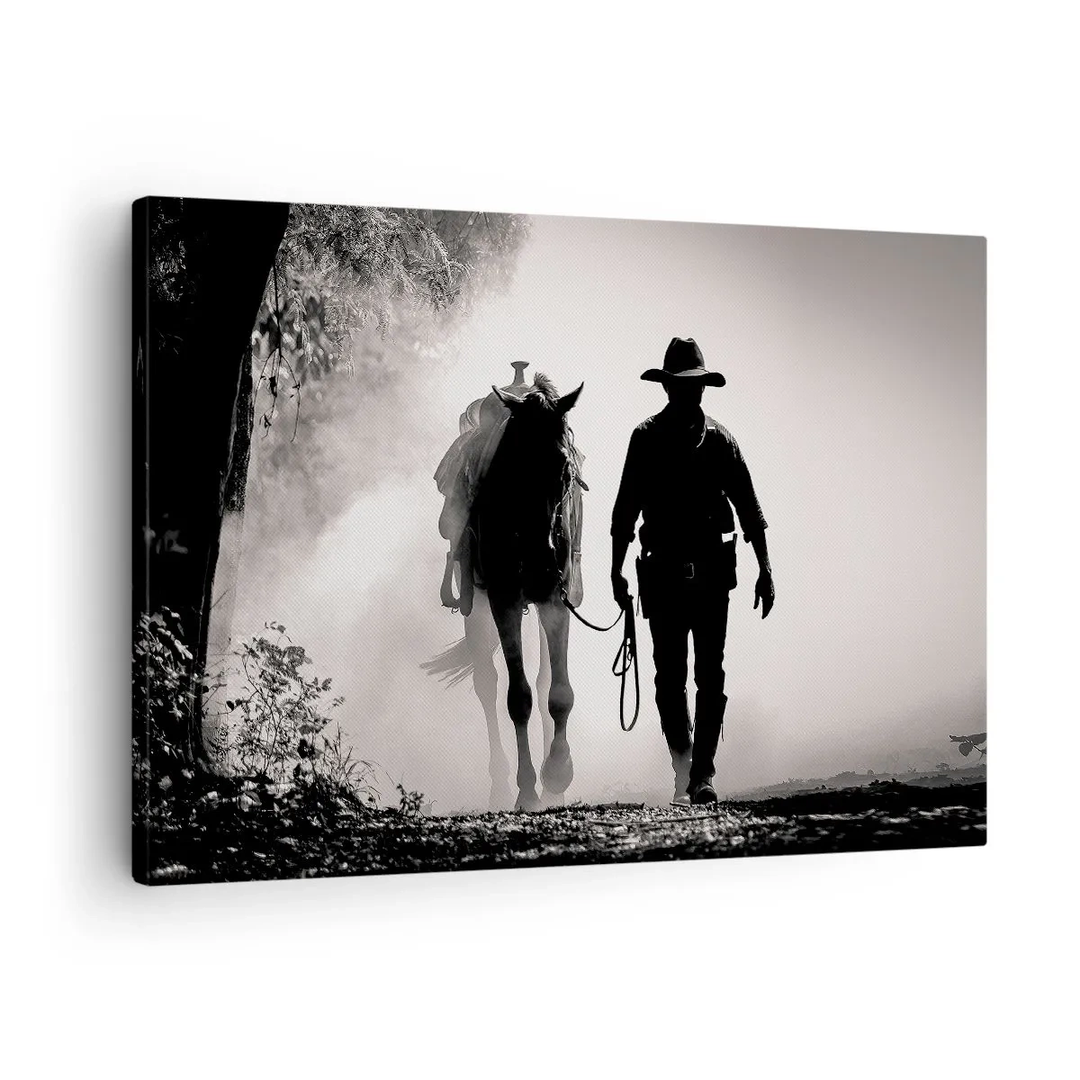 Impression sur toile - Image sur toile - Cowboy avec cheval dans le brouillard matinal - 70x50cm - Matinée texane - Décoration murale moderne pour le salon et la chambre ARTTOR