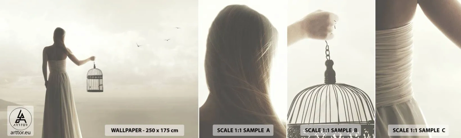 Échantillon de Papier Peint Autocollant Deluxe Sticker - Soi libre - Femme, Cage à oiseaux, Oiseau - 100x30 cm