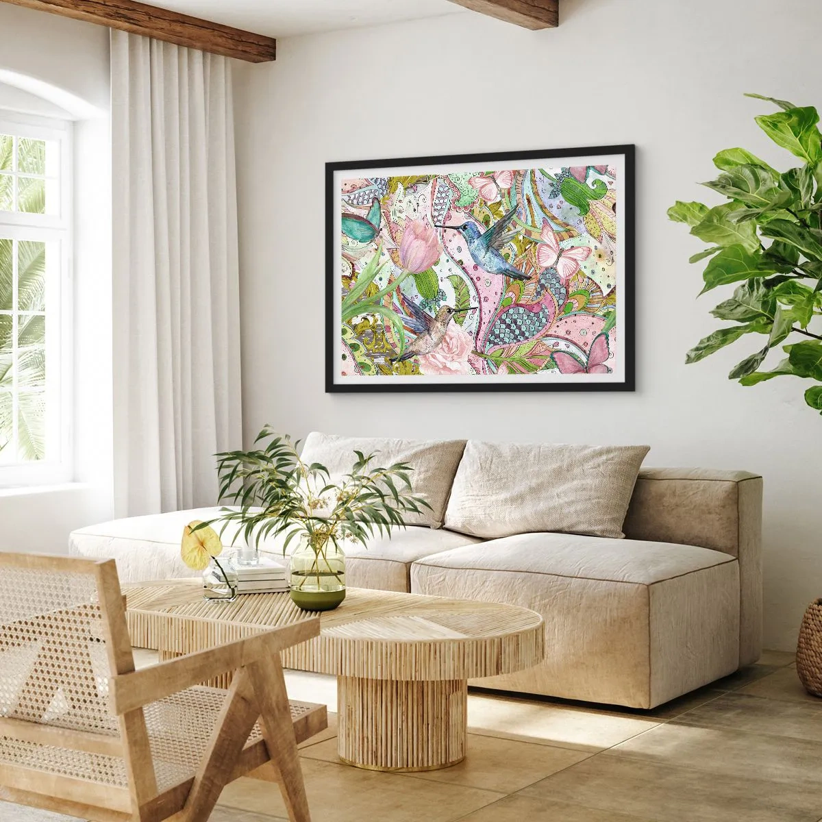 Affiche dans un cadre noir - Poster - Colibris et papillons colorés parmi les plantes - 70x50cm - Empêtré dans les vignes - Décoration murale moderne pour le salon et la chambre ARTTOR