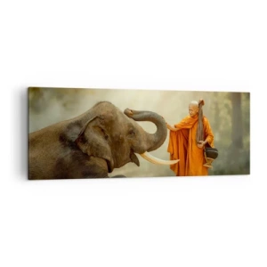 Impression sur toile - Image sur toile - Un moine et un éléphant en harmonie avec la nature en toile de fond - 140x50cm - Rencontre en voyageant - Décoration murale moderne pour le salon et la chambre ARTTOR