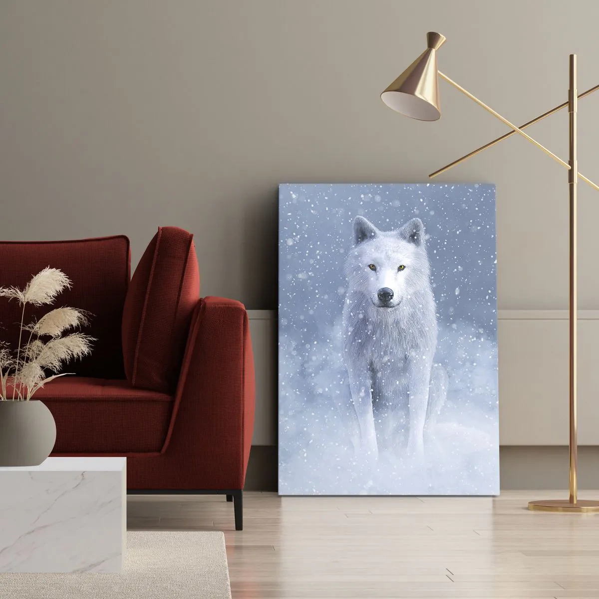 Impression sur toile - Image sur toile - Loup blanc dans un paysage enneigé - 50x70cm - Dans une âme d'hiver - Décoration murale moderne pour le salon et la chambre ARTTOR