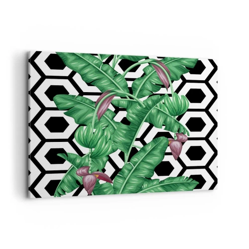 Impression sur toile - Image sur toile - Feuilles tropicales sur fond géométrique - 100x70cm - Une composition symétrique par nature - Décoration murale moderne pour le salon et la chambre ARTTOR