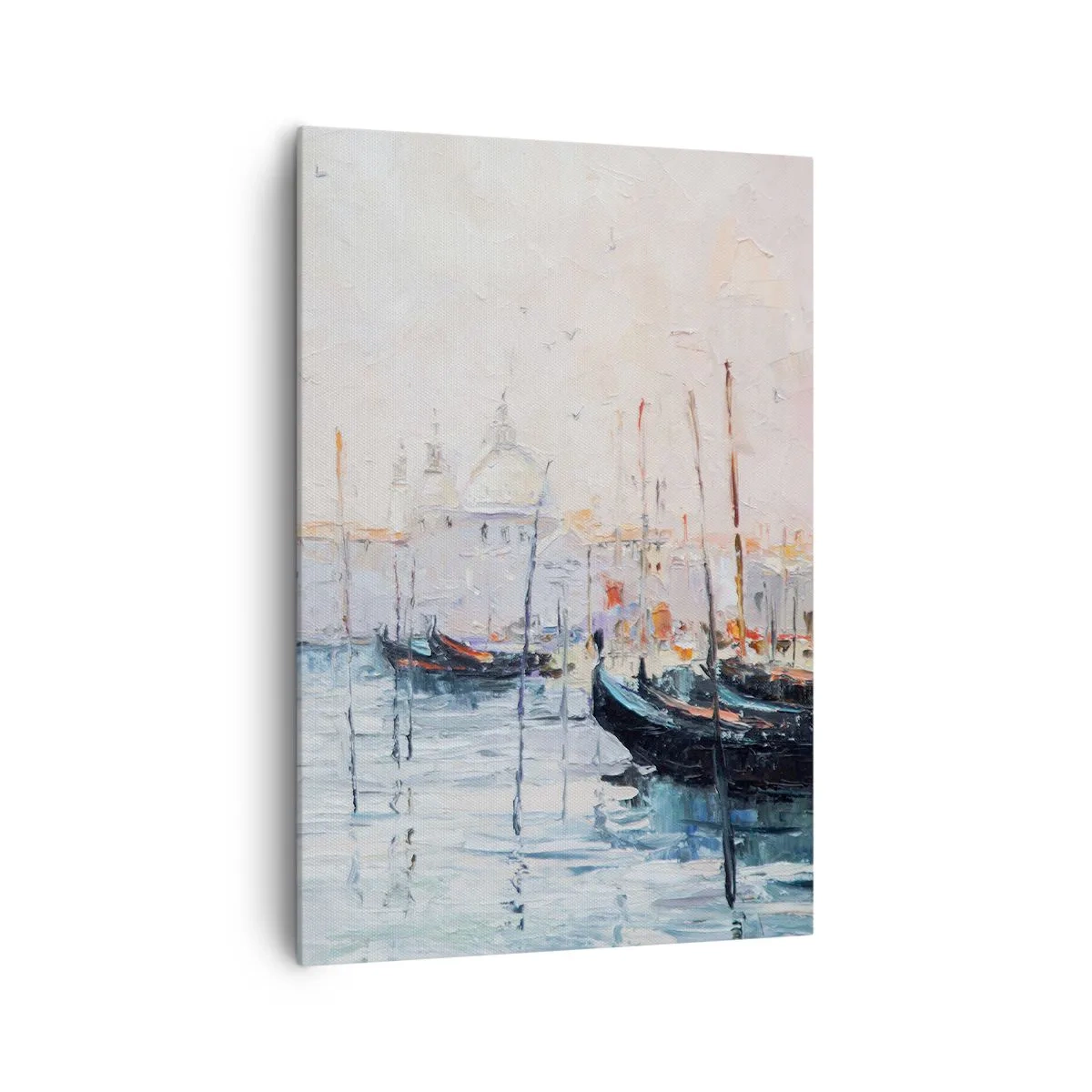 Impression sur toile - Image sur toile - Vue pittoresque des canaux avec des bateaux aux couleurs pastel - 70x100cm - Derrière l'eau, derrière le brouillard - Décoration murale moderne pour le salon et la chambre ARTTOR
