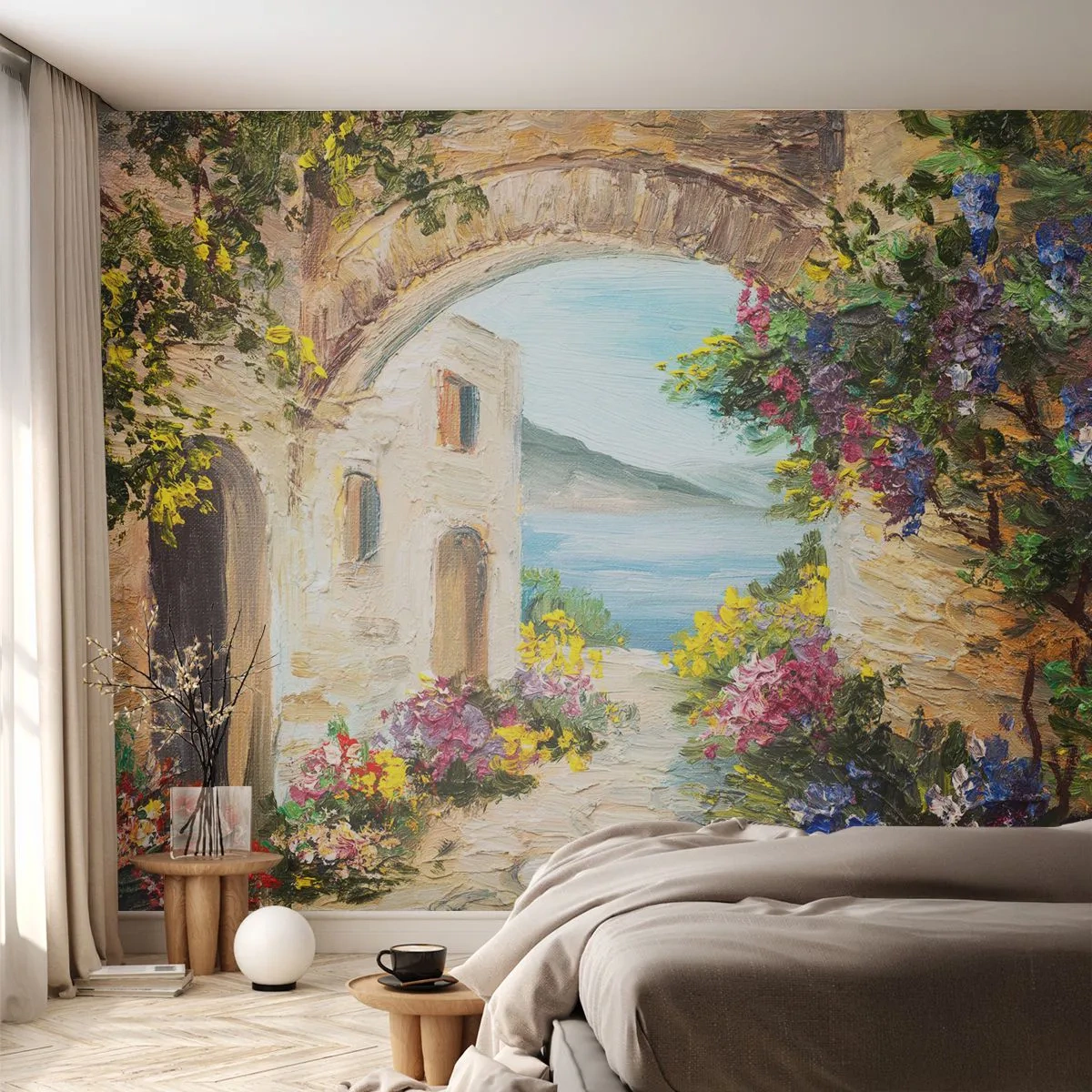 Papier Peint Photo Premium Sand - Le paysage pittoresque d'une ruelle méditerranéenne surplombant la mer - 100x70cm - Le charme d'une province côtière - Décoration murale moderne pour le salon et la chambre ARTTOR