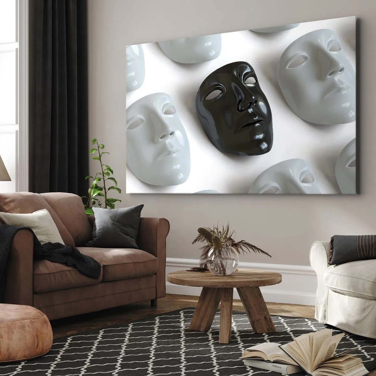 Impression sur toile - Image sur toile - Masques noirs et blancs sur fond clair - 100x70cm - Comment se démarquer ? - Décoration murale moderne pour le salon et la chambre ARTTOR