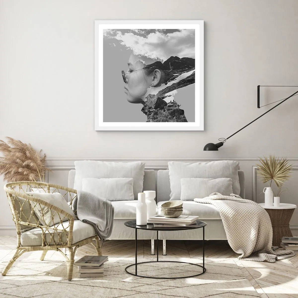 Affiche dans un cadre blanc - Poster - Portrait de montagnes et nuages - 60x60 cm