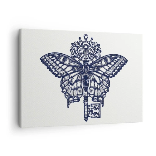 Impression sur toile - Image sur toile - Papillon élégant et graphique clé dans un style minimaliste - 70x50cm - Tous les secrets du coeur - Décoration murale moderne pour le salon et la chambre ARTTOR