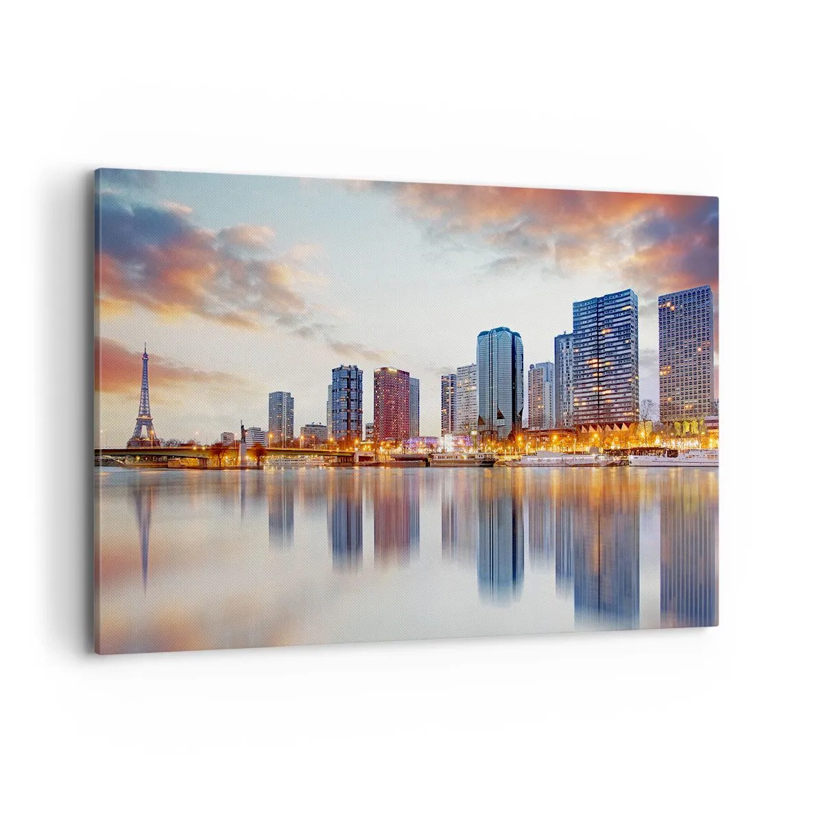 Impression sur toile - Image sur toile - Panorama des bâtiments modernes et de la Tour Eiffel au-dessus de l'eau - 120x80cm - La tranquillité monumentale de Paris - Décoration murale moderne pour le salon et la chambre ARTTOR