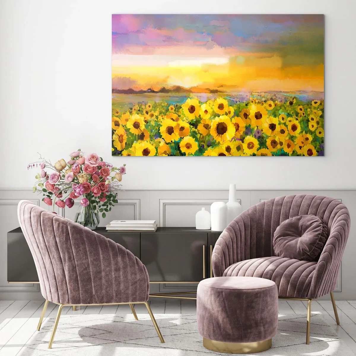 Impression sur verre - Image sur verre - Un champ de tournesols à la lumière du soleil couchant - 70x50cm - Le soleil lui-même est descendu sur terre - Décoration murale moderne pour le salon et la chambre ARTTOR