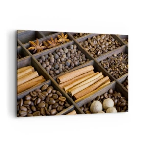 Impression sur toile - Image sur toile - Épices et café dans des compartiments en bois - 120x80cm - Trésor d'arômes - Décoration murale moderne pour le salon et la chambre ARTTOR