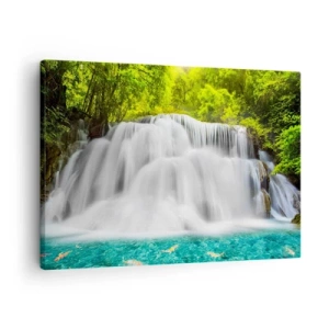 Impression sur toile - Image sur toile - Une cascade dans une forêt tropicale avec de l'eau turquoise - 70x50cm - Une cascade mousseuse du vert à l'azur - Décoration murale moderne pour le salon et la chambre ARTTOR