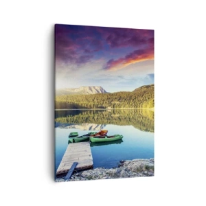 Impression sur toile - Image sur toile - Coucher de soleil sur le lac avec des bateaux à l'embarcadère - 50x70cm - Aussi lisse qu'un miroir au-dessus de l'eau - Décoration murale moderne pour le salon et la chambre ARTTOR