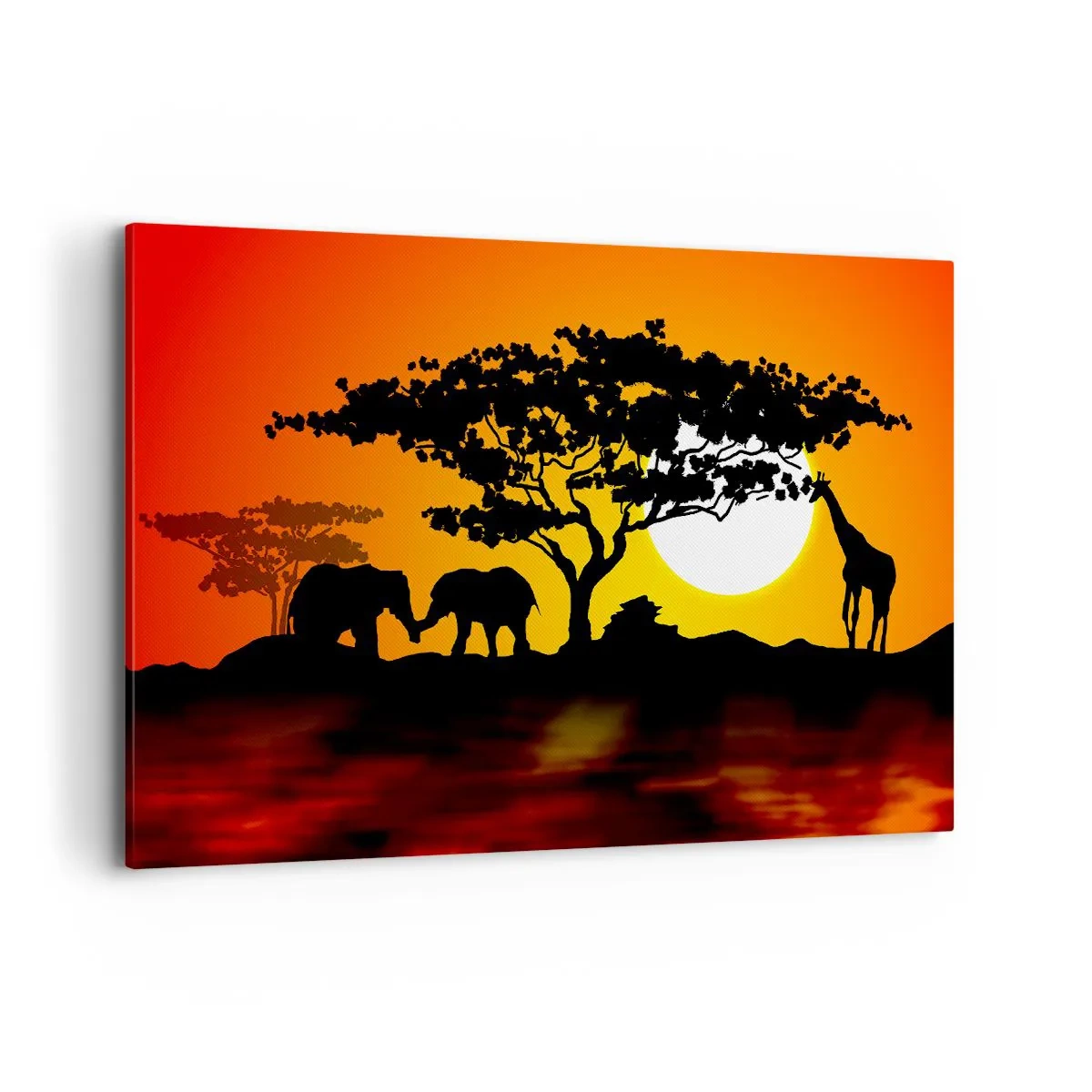 Impression sur toile - Image sur toile - Coucher de soleil africain avec des silhouettes d'éléphants et de girafes au-dessus de l'eau - 120x80cm - Rencontre dans la savane - Décoration murale moderne pour le salon et la chambre ARTTOR