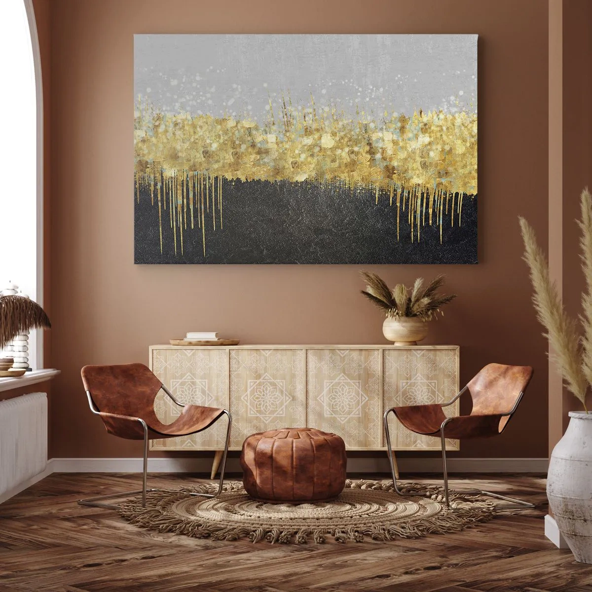 Impression sur toile - Image sur toile - Composition abstraite dans les tons d'or et de noir - 70x50cm - Vers l'intérieur et vers le haut - Décoration murale moderne pour le salon et la chambre ARTTOR
