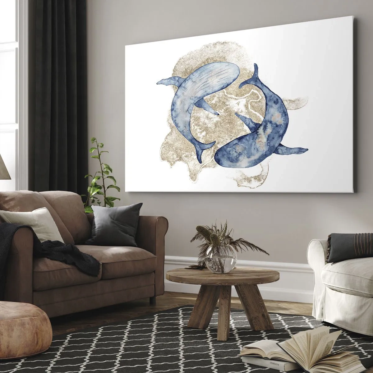 Impression sur toile - Image sur toile - Baleines bleues abstraites sur fond clair - 70x50cm - Amis ou amoureux? - Décoration murale moderne pour le salon et la chambre ARTTOR
