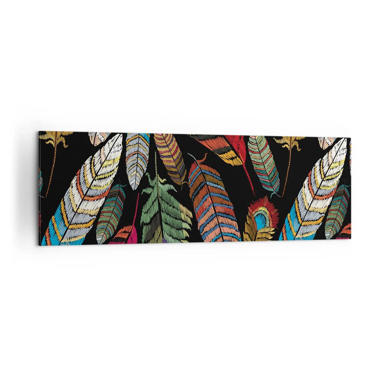 Impression sur toile - Image sur toile - Plumes colorées sur fond noir - 160x50cm - Le carnaval des oiseaux - Décoration murale moderne pour le salon et la chambre ARTTOR