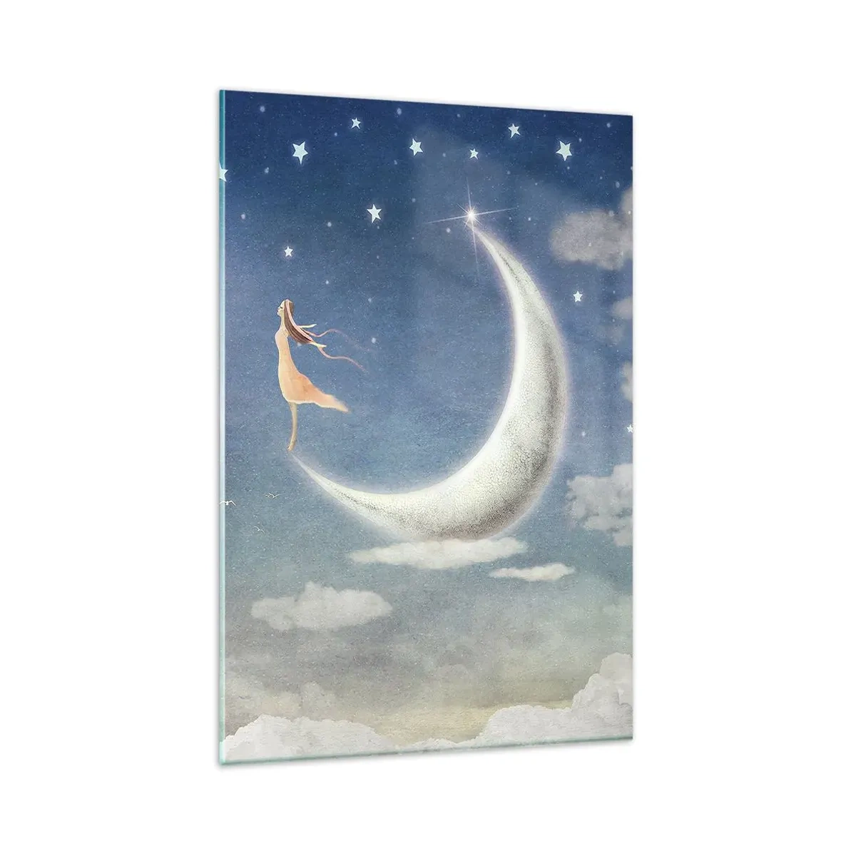 Impression sur verre - Image sur verre - Une femme dans la lune entourée d'étoiles et de nuages - 80x120cm - Valise bleue - Décoration murale moderne pour le salon et la chambre ARTTOR
