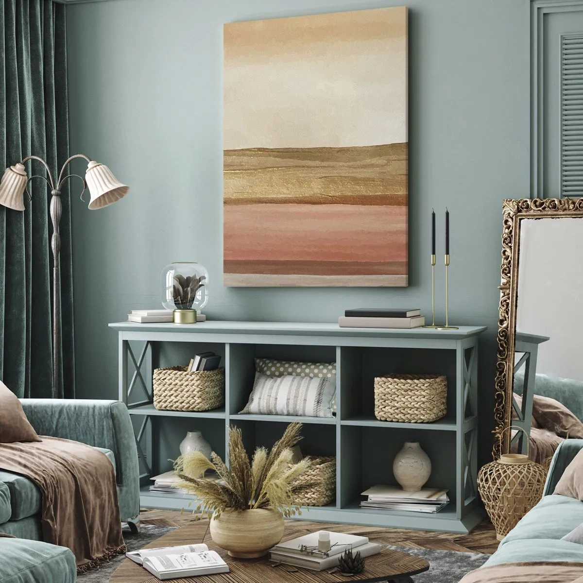 Impression sur toile - Image sur toile - Rayures abstraites dans les tons beige, or et rose sur toile - 50x70cm - Composition verticale - Décoration murale moderne pour le salon et la chambre ARTTOR