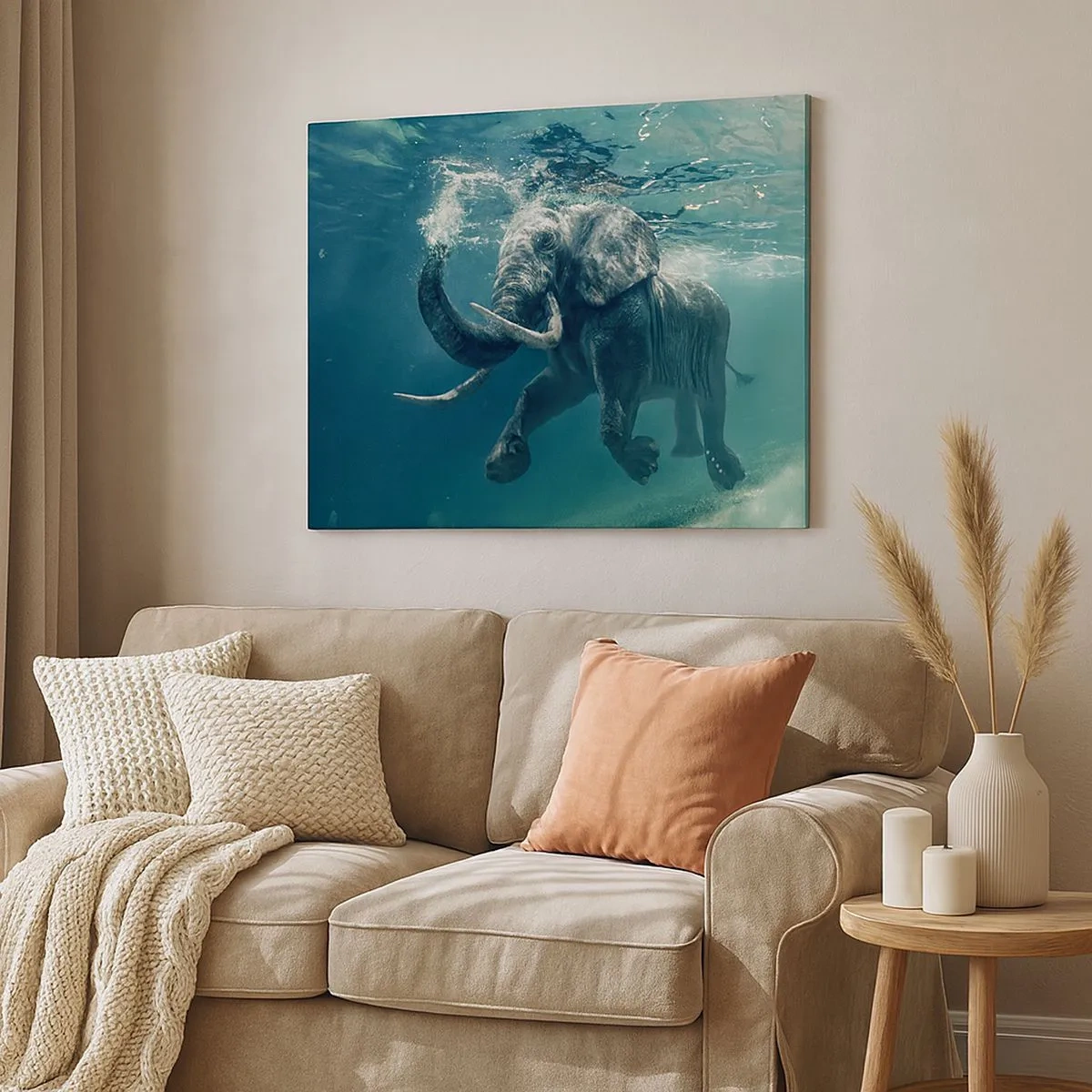 Impression sur toile - Image sur toile - Un éléphant nageant sous l'eau dans les profondeurs turquoise - 70x50cm - Tout le monde aime nager - Décoration murale moderne pour le salon et la chambre ARTTOR