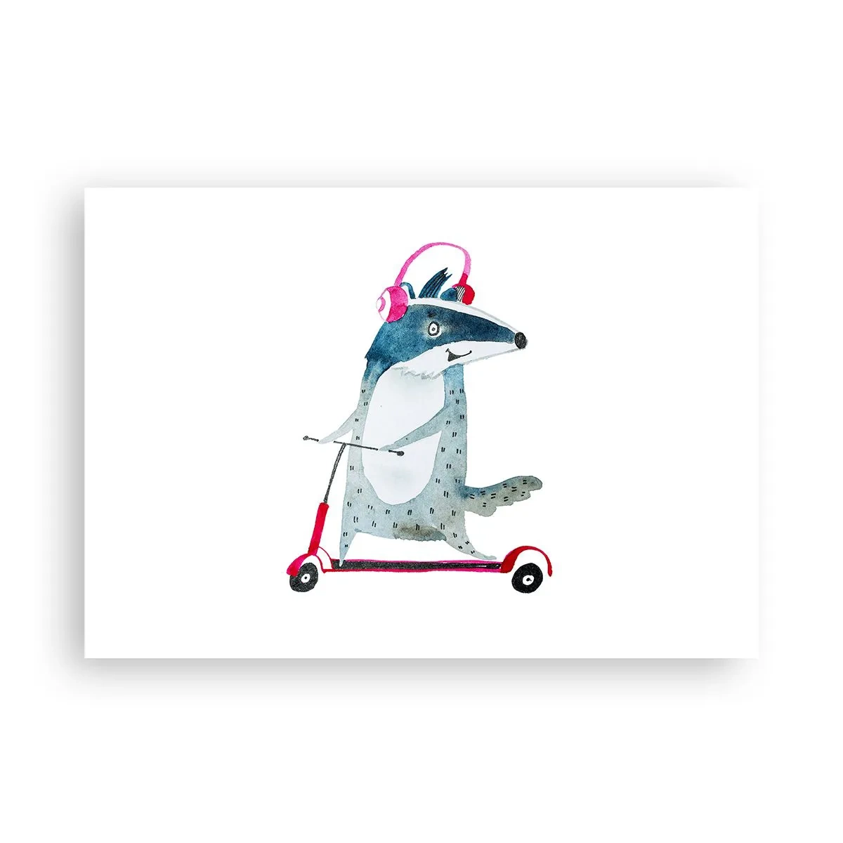 Affiche - Poster - Blaireau sur un scooter avec des écouteurs roses - 100x70cm - La joie du blaireau - Décoration murale moderne pour le salon et la chambre ARTTOR