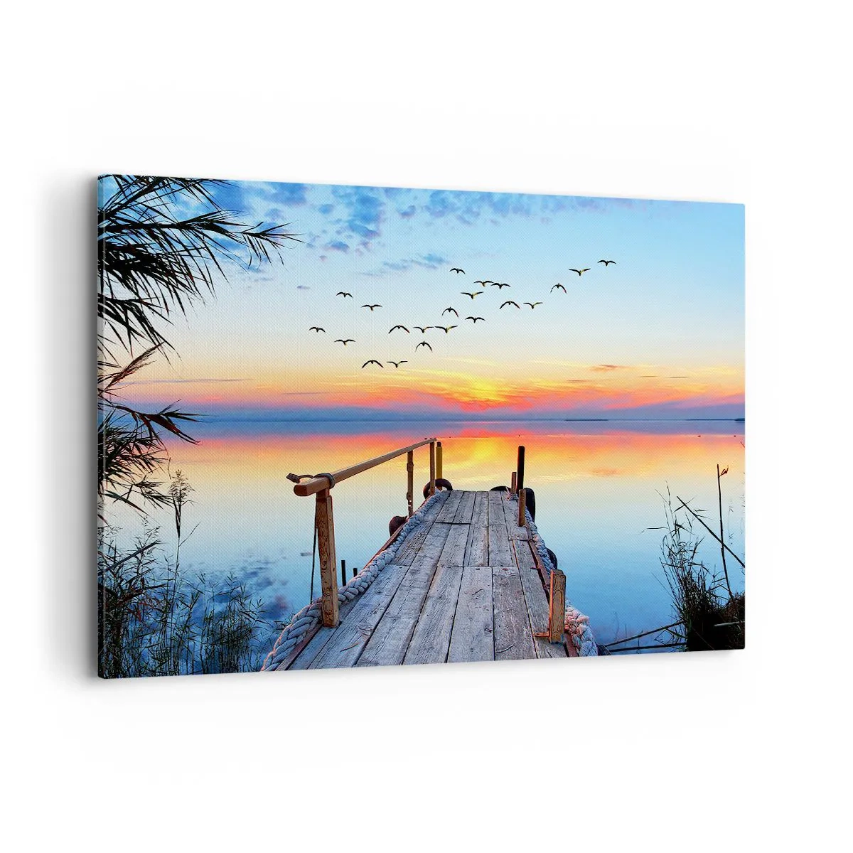 Impression sur toile - Image sur toile - Jetée en bois sur le lac au coucher du soleil - 100x70cm - Il est temps de rentrer... - Décoration murale moderne pour le salon et la chambre ARTTOR