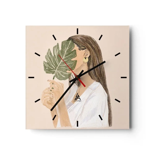 Horloge murale - Pendule murale - Portrait d'une femme avec une feuille de monstera sur fond beige - 30x30cm - Portrait mystérieux avec un éventail - Décoration murale moderne pour le salon et la chambre ARTTOR