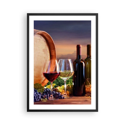 Affiche dans un cadre noir - Poster - Bouteilles et verres de vin sur fond de tonneau et de coucher de soleil - 50x70cm - Ici la vie a du goût - Décoration murale moderne pour le salon et la chambre ARTTOR