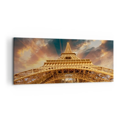 Impression sur toile - Image sur toile - La Tour Eiffel vue d'en bas sur fond de soleil couchant - 120x50cm - Comment l'humanité a atteint le ciel - Décoration murale moderne pour le salon et la chambre ARTTOR