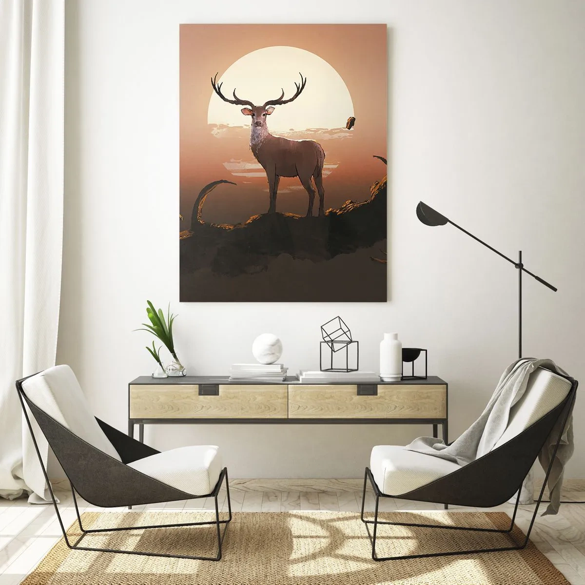 Impression sur verre - Image sur verre - Silhouette d'un cerf sur fond de grande lune entourée de branches - 50x70cm - Cette nuit ne ressemble à aucune autre - Décoration murale moderne pour le salon et la chambre ARTTOR