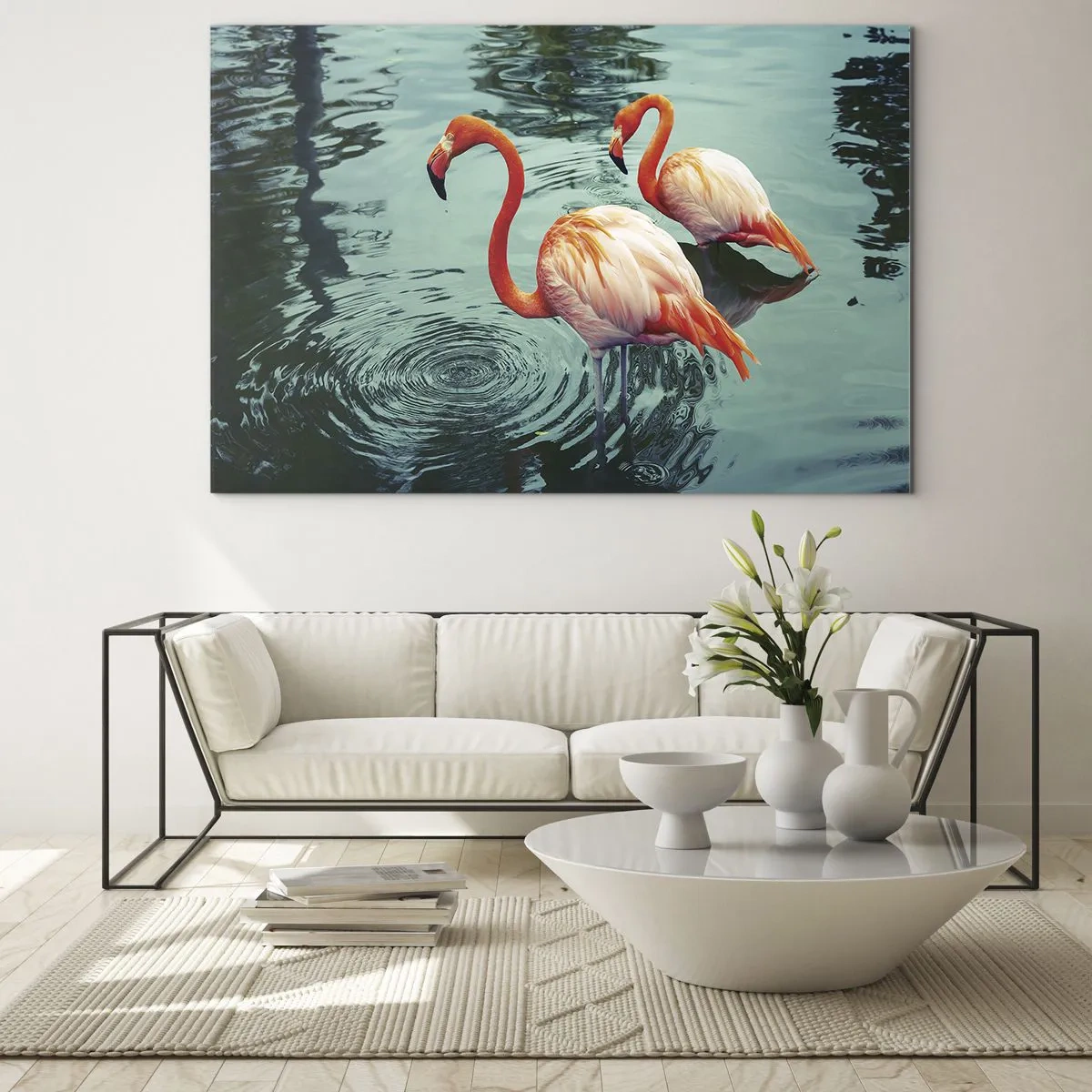 Impression sur verre - Image sur verre - Flamants roses sur l'eau dans une composition harmonieuse - 70x50cm - Nous sommes à la mode maintenant - Décoration murale moderne pour le salon et la chambre ARTTOR