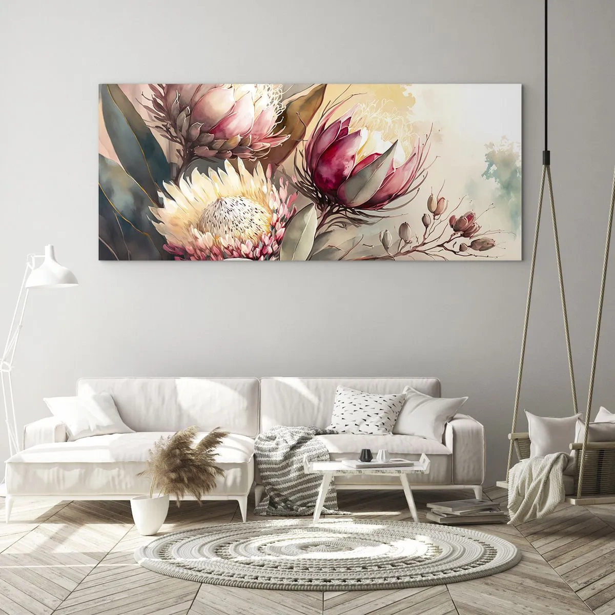 Impression sur verre - Image sur verre - Fleurs de Protea aux tons pastel délicats - 160x50cm - De profil et de face - Décoration murale moderne pour le salon et la chambre ARTTOR