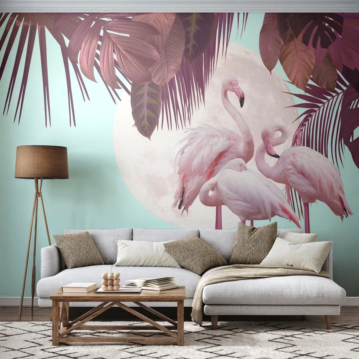Papier Peint Autocollant Deluxe Sticker - Trois oiseaux gracieux - Flamants roses, Des oiseaux, Nature - 250x175 cm