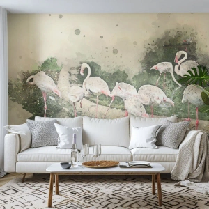 Papier Peint Photo Premium Sand - Un groupe de flamants roses au bord de l'eau dans un style aquarelle artistique. - 100x70cm - Rêve exotique - Décoration murale moderne pour le salon et la chambre ARTTOR