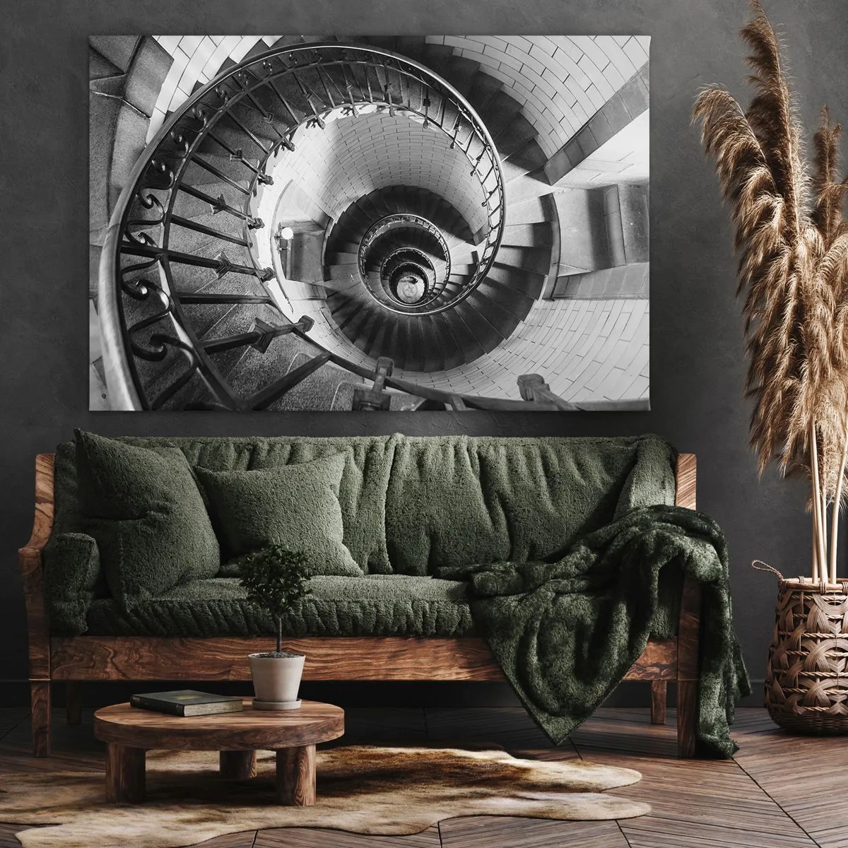 Impression sur toile - Image sur toile - Photographie en noir et blanc d'un escalier en colimaçon avec une perspective de haut en bas - 70x50cm - De plus en plus haut - Décoration murale moderne pour le salon et la chambre ARTTOR