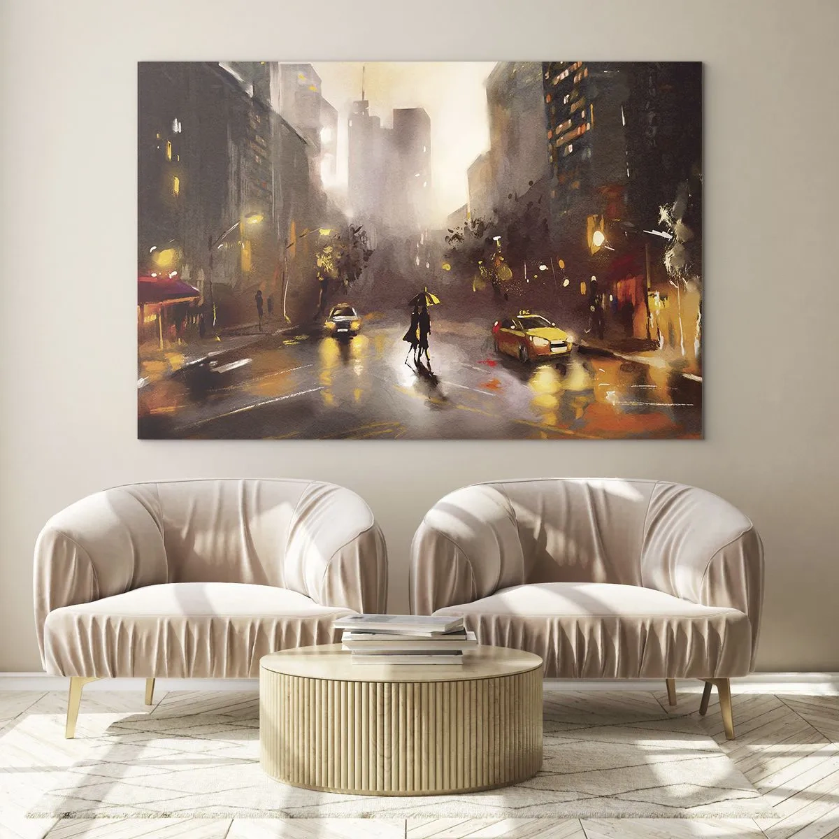 Impression sur verre - Image sur verre - Ville la nuit sous la pluie avec des taxis et la silhouette d'un couple - 120x80cm - Dans les lumières de New-York - Décoration murale moderne pour le salon et la chambre ARTTOR