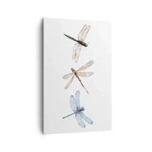Impression sur toile - Image sur toile - Trois libellules aux couleurs pastel délicates - 80x120cm - Libellules en apesanteur - Décoration murale moderne pour le salon et la chambre ARTTOR