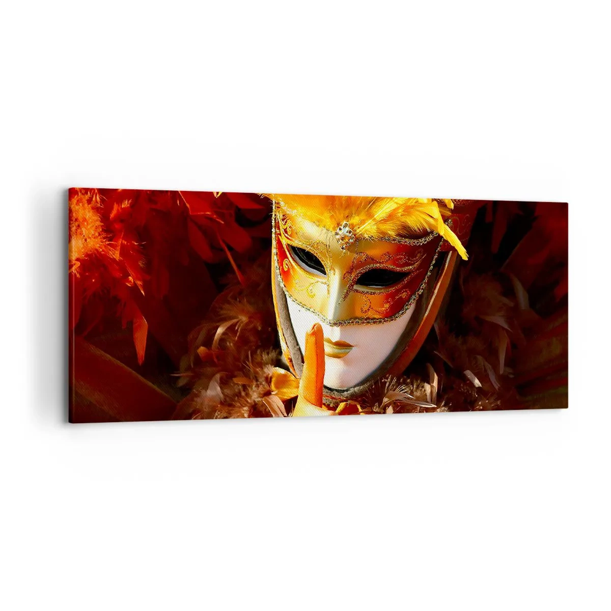 Impression sur toile - Image sur toile - Masque de carnaval aux tons or et orange - 120x50cm - Le secret est une partie du jeu - Décoration murale moderne pour le salon et la chambre ARTTOR