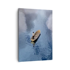 Impression sur toile - Image sur toile - Un homme dans un bateau sur une mer calme entourée de nuages - 50x70cm - Vie – voyage – inconnu - Décoration murale moderne pour le salon et la chambre ARTTOR