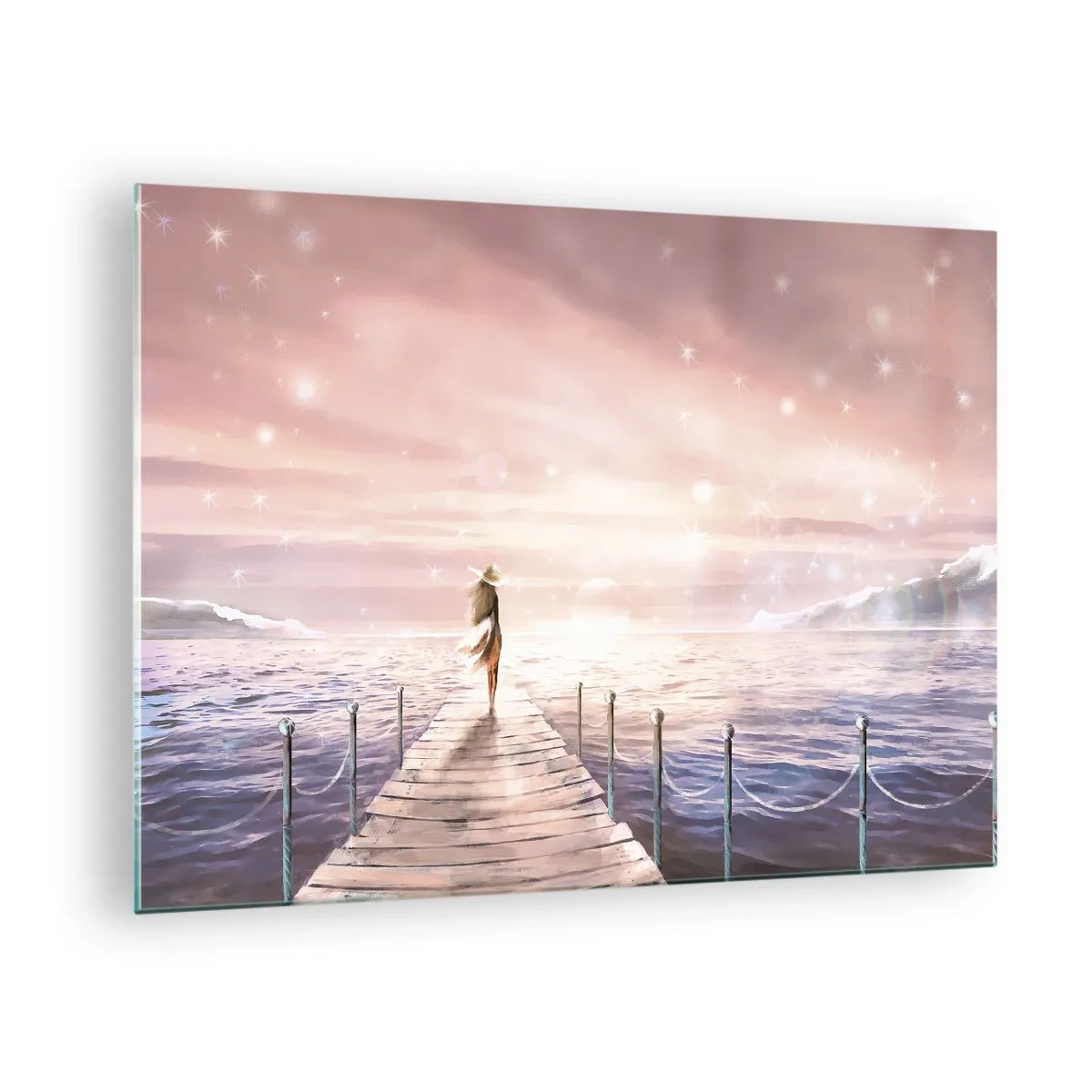 Impression sur verre - Image sur verre - Femme sur la jetée au coucher du soleil - 70x50cm - A la lumière d'un rêve - Décoration murale moderne pour le salon et la chambre ARTTOR