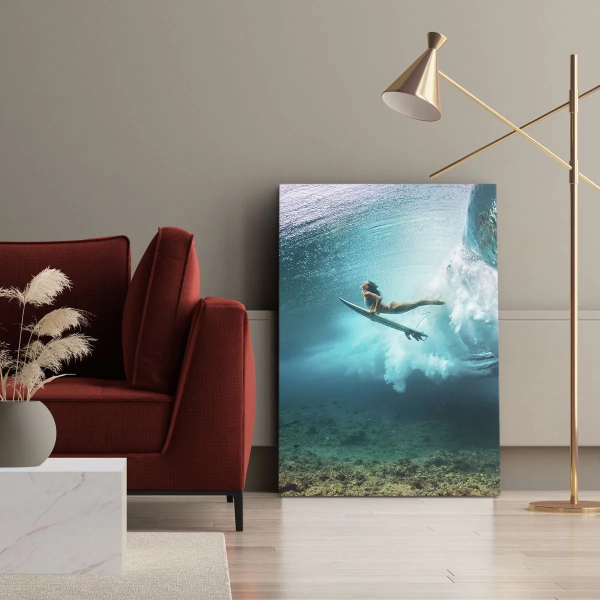 Impression sur toile - Image sur toile - Surfeur sous une vague dans l'eau bleue de l'océan - 50x70cm - Monde sous marin - Décoration murale moderne pour le salon et la chambre ARTTOR