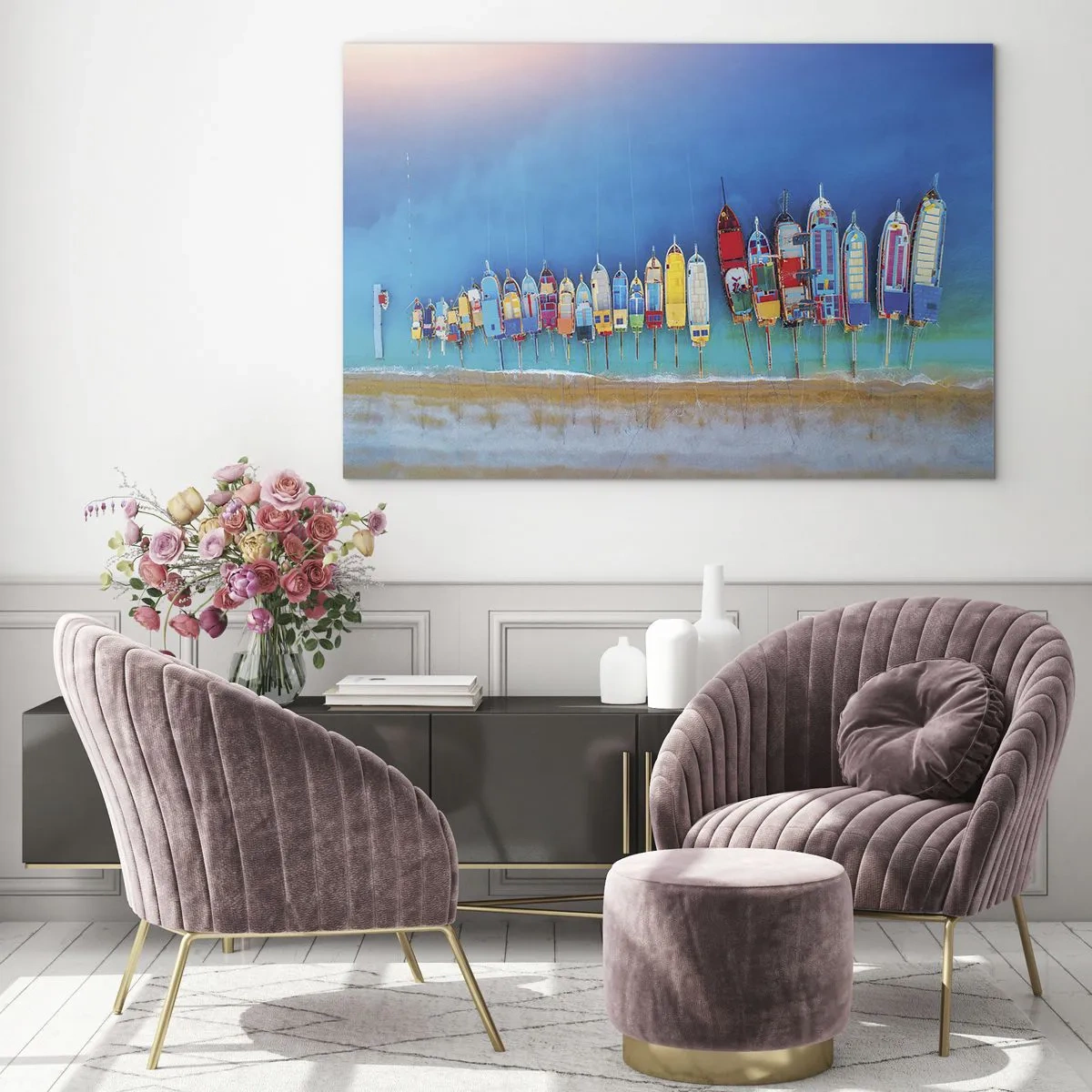 Impression sur verre - Image sur verre - Bateaux colorés sur le rivage de la mer turquoise - 100x70cm - Une vue à vol d'oiseau - Décoration murale moderne pour le salon et la chambre ARTTOR