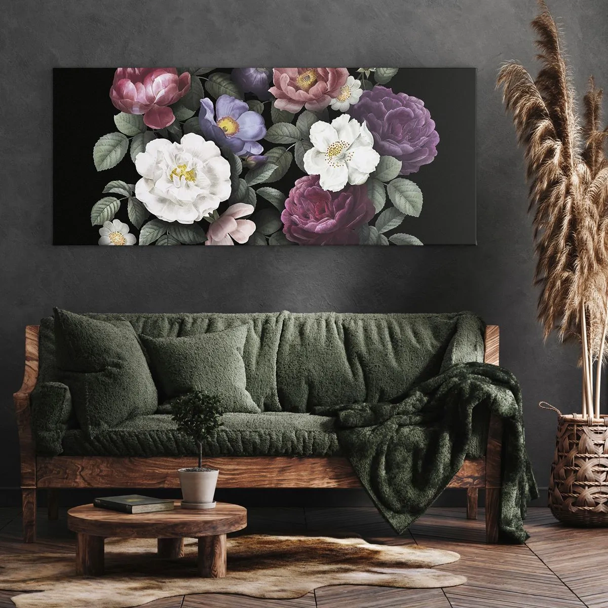 Impression sur toile - Image sur toile - Fleurs de différentes couleurs sur fond noir - 140x50cm - D'un jardin anglais - Décoration murale moderne pour le salon et la chambre ARTTOR