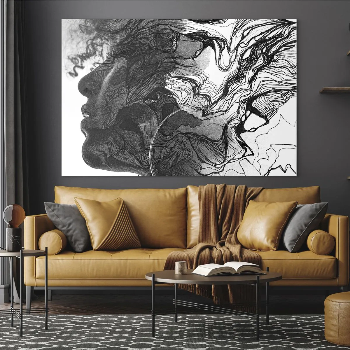 Impression sur verre - Image sur verre - Silhouette noire et blanche d'une femme avec des lignes abstraites - 70x50cm - Emmêlé dans les rêves - Décoration murale moderne pour le salon et la chambre ARTTOR