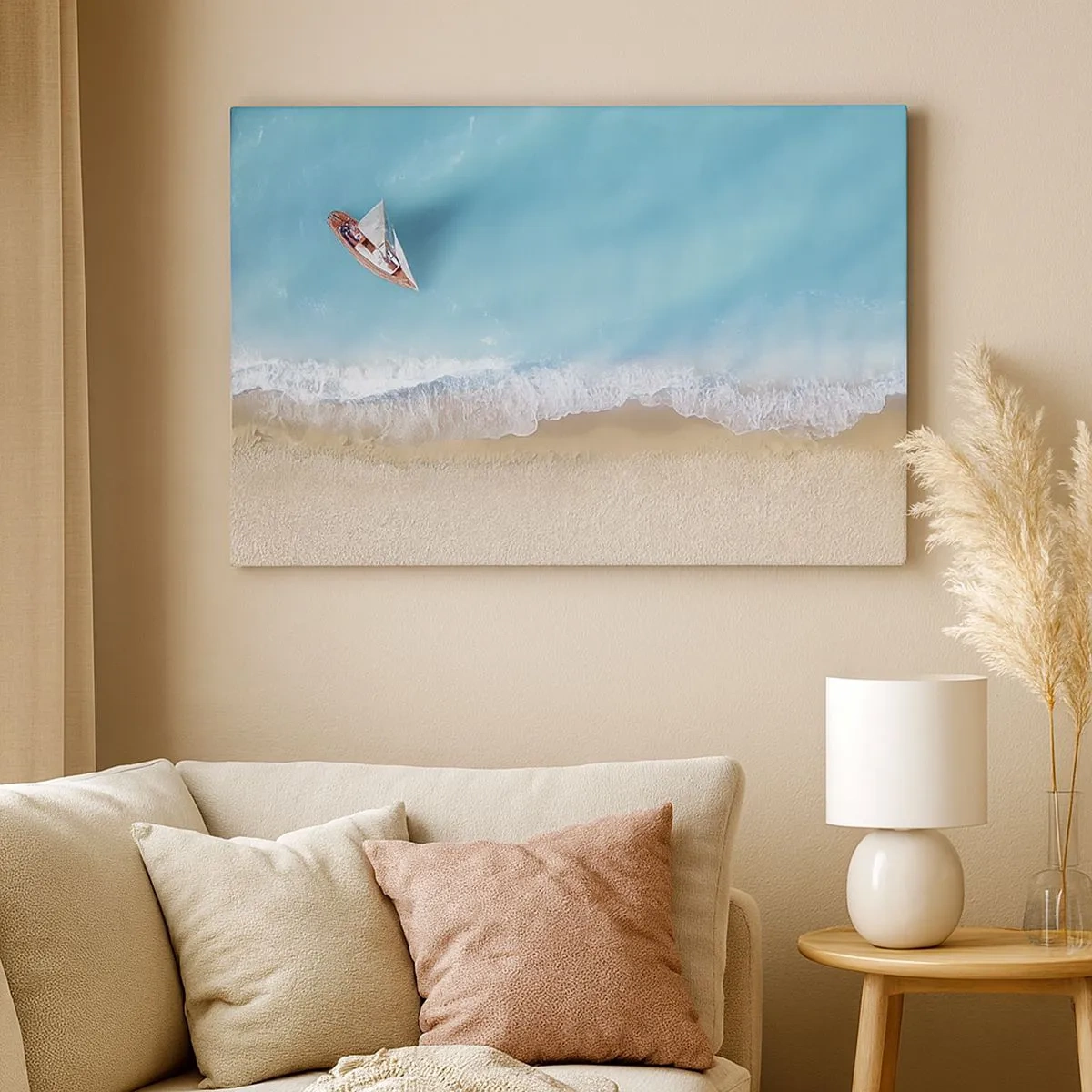 Impression sur toile - Image sur toile - Vue aérienne d'un bateau sur la plage - 70x50cm - A la frontière de l'azur et de l'or - Décoration murale moderne pour le salon et la chambre ARTTOR