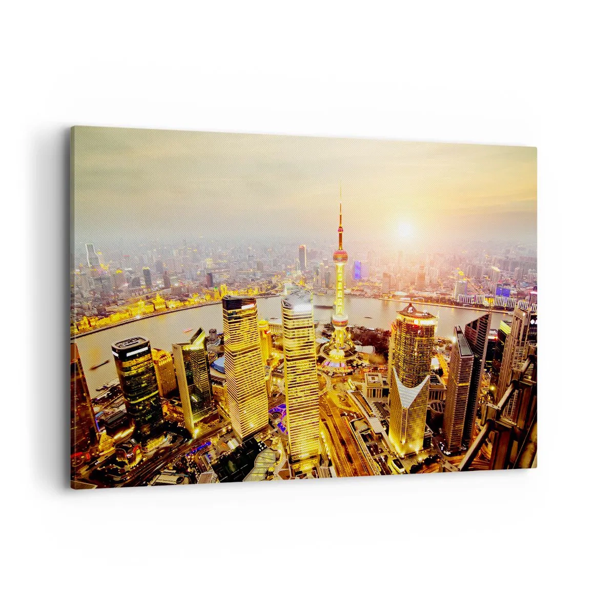 Impression sur toile - Image sur toile - Panorama de la ville avec des gratte-ciels au coucher du soleil - 120x80cm - Rêve asiatique - Décoration murale moderne pour le salon et la chambre ARTTOR