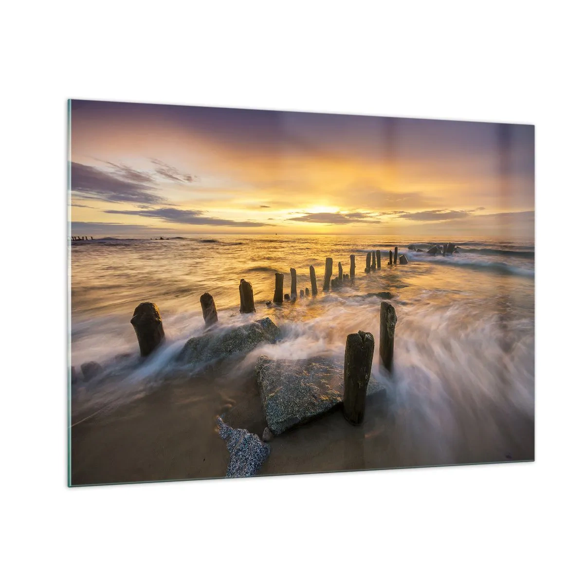 Impression sur verre - Image sur verre - Coucher de soleil sur la mer avec des pilotis en bois sur la plage - 100x70cm - La beauté brute de la mer Baltique - Décoration murale moderne pour le salon et la chambre ARTTOR