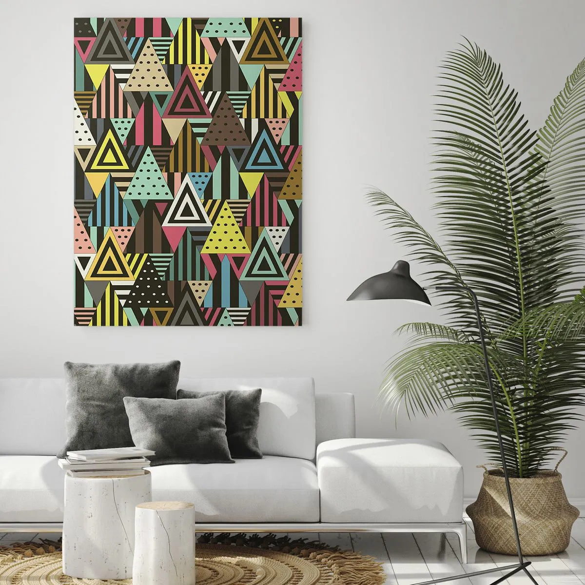 Impression sur verre - Image sur verre - Motif géométrique coloré avec des triangles et des lignes - 80x120cm - En rythme de trois - Décoration murale moderne pour le salon et la chambre ARTTOR