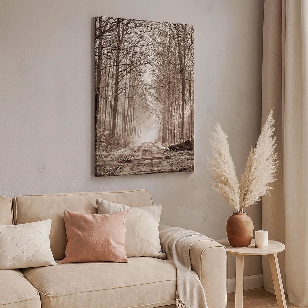 Impression sur toile - Image sur toile - Un chemin forestier parmi des arbres aux tons sépia - 50x70cm - Cathédrale de la forêt - Décoration murale moderne pour le salon et la chambre ARTTOR
