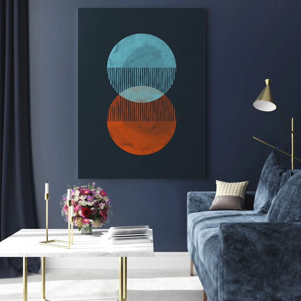 Impression sur verre - Image sur verre - Deux cercles orange et bleus sur fond sombre - 80x120cm - Fantaisie astronomique - Décoration murale moderne pour le salon et la chambre ARTTOR